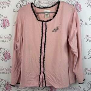 Liz Claiborne button up long sleeve polkadot lace Pink Cardigan with Black Trim